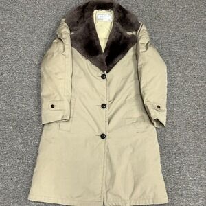 L.L. Bean Down Mainer Coat Womens 8 Tan Mouton Fur Collar Goose Down Parka USA